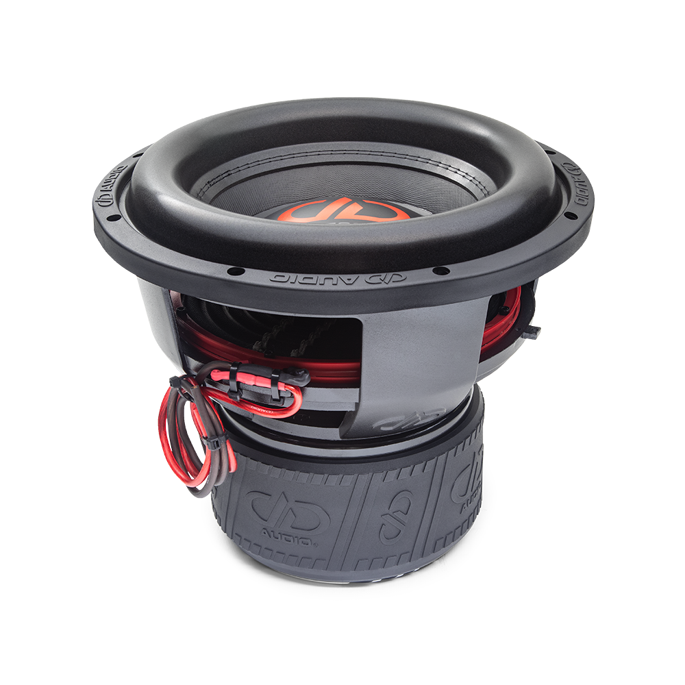 Photo of 712G top down angled forward to show surround, cone, dustcap backed by basket, leads, and motor in boot