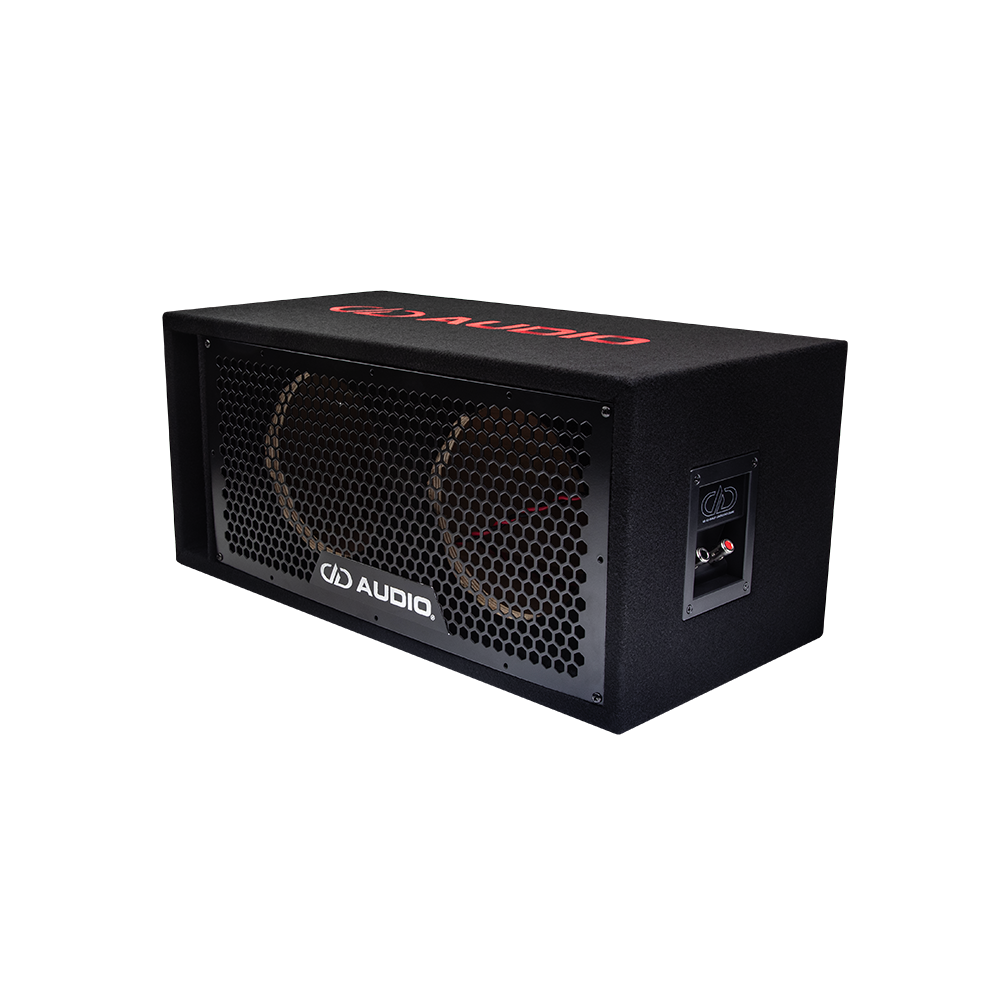 Double 8" Enclosure (Unloaded) - Photo shot angled left to show top embroidered logo, front port, full hex grill with DD AUDIO badge and side terminal cup with push connectors