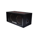 Double 8" Enclosure (Unloaded) - Photo shot angled left to show top embroidered logo, front port, full hex grill with DD AUDIO badge and side terminal cup with push connectors