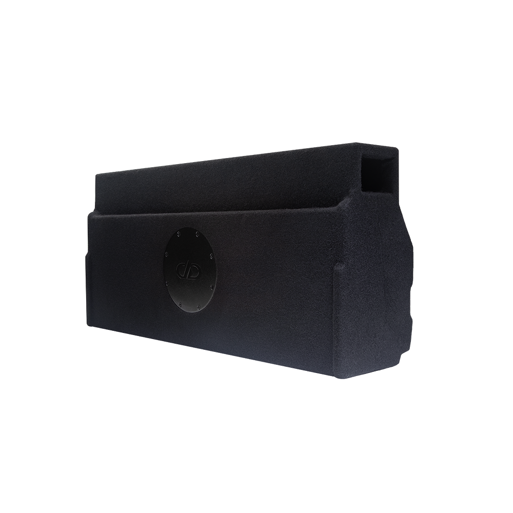 8" Slim Loaded Enclosure for Toyota/Hilux - Photo showing enclosure from back angled left to show port, contours, and sub backplate
