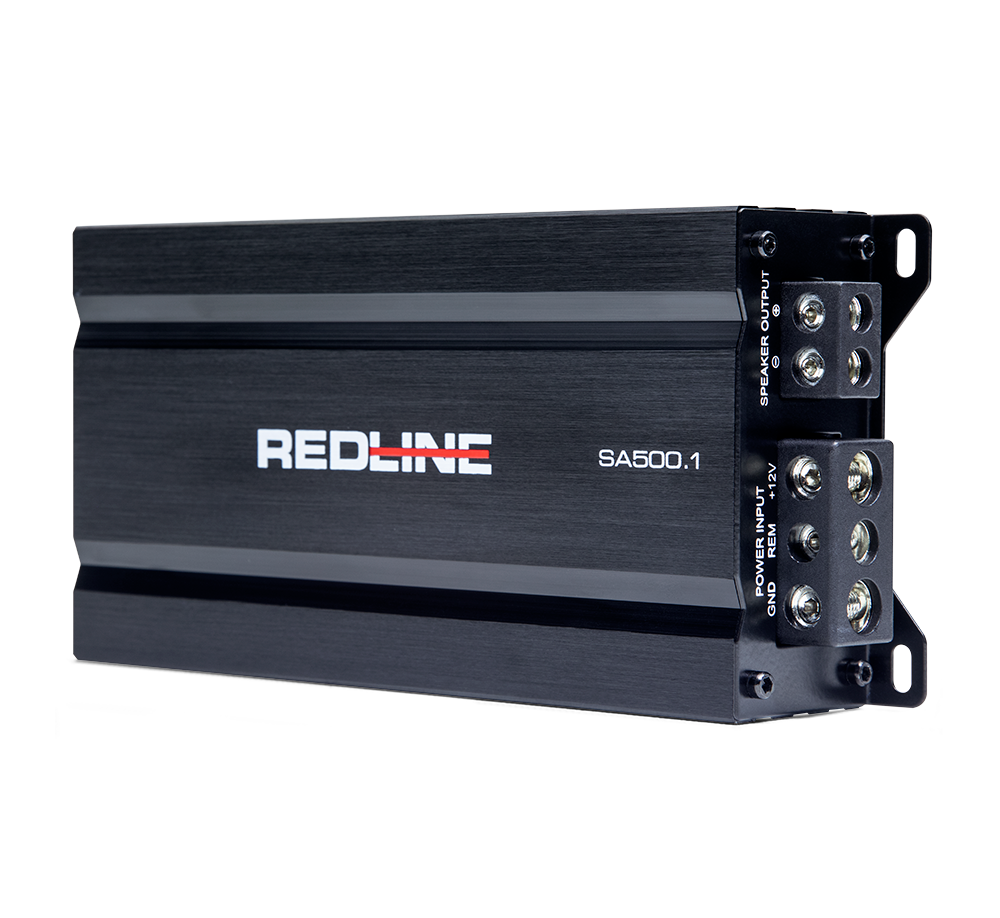 Redline SA Series 500W Monoblock Amplifier - angled left showing power inputs