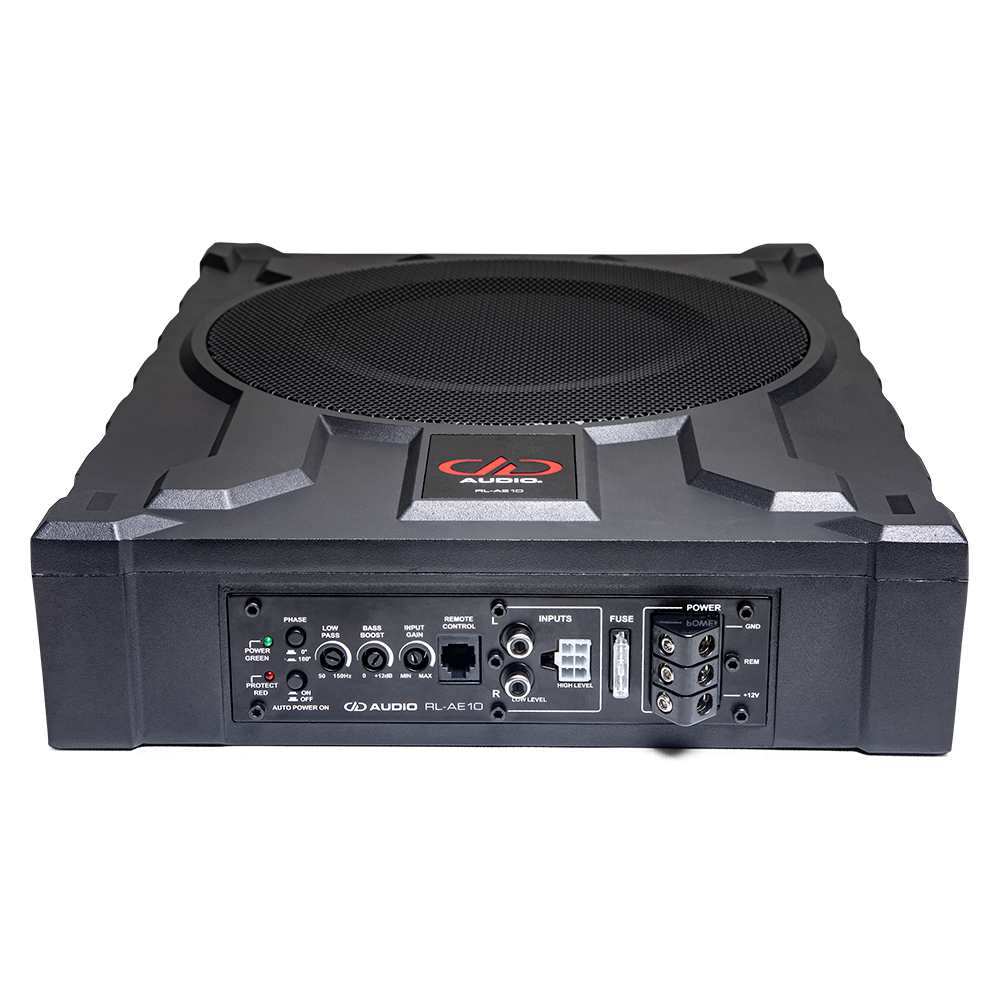 AE-U10 10&quot; Loaded Active Enclosure - speaker facing up - angled to show bottom controls and inputs