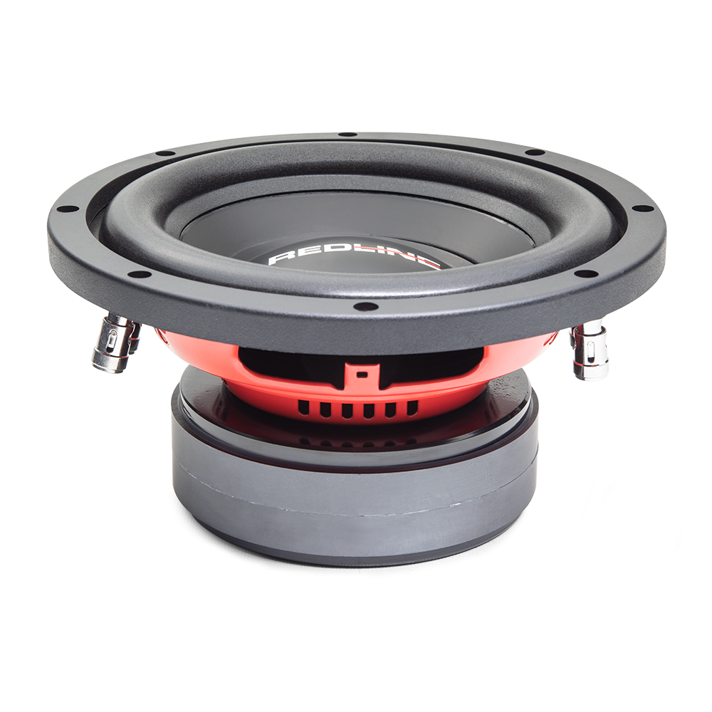 SWa REDLINE Hi-Def Tuned Subwoofer Series - Photo of SW-08 - Angled Top to Bottom showing Motor and Connectors