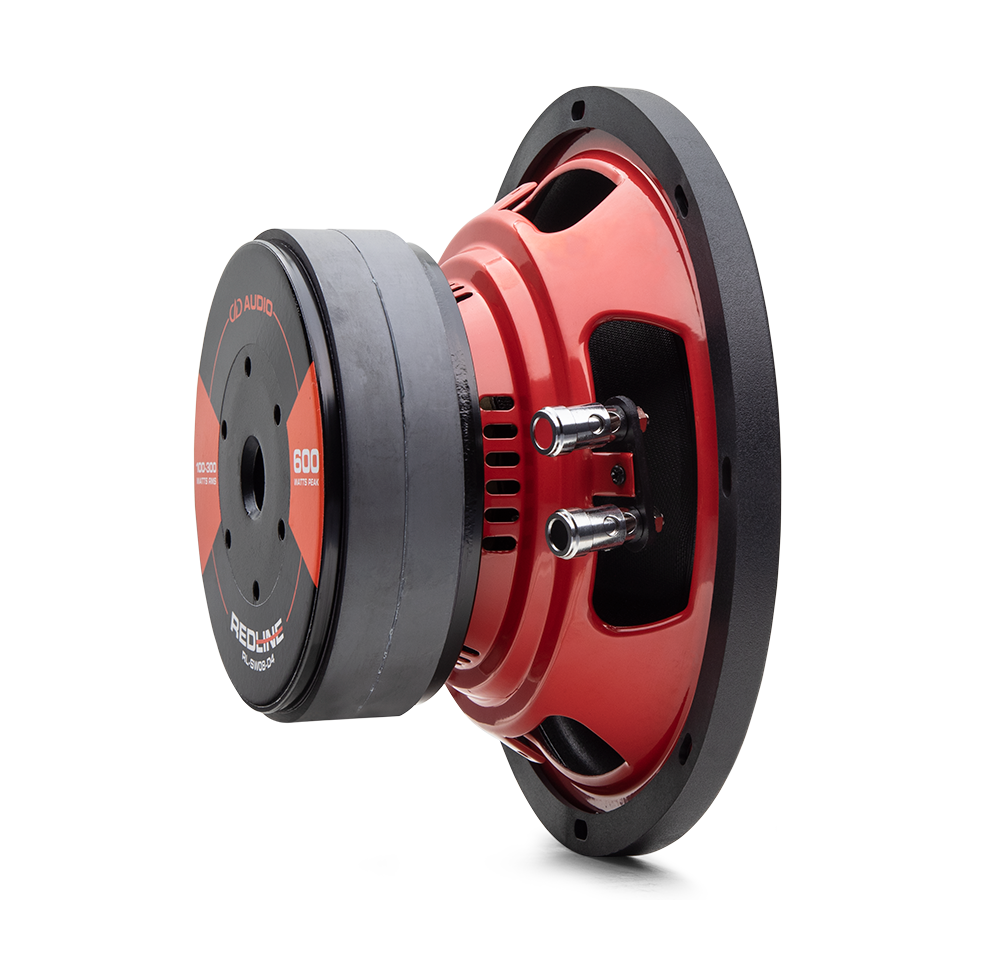 SWa REDLINE Hi-Def Tuned Subwoofer Series - Photo of SW-08 - Angled Back to Front Showing Motor and Connectors
