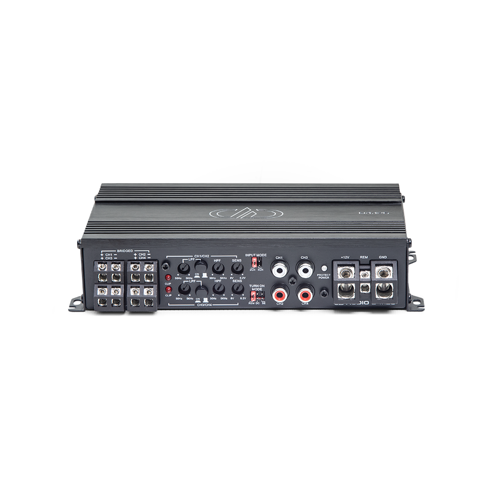 D Series 4 Channel 800 Watt Amplifier - Photo of Top Angled Back to Show Connections and Controls