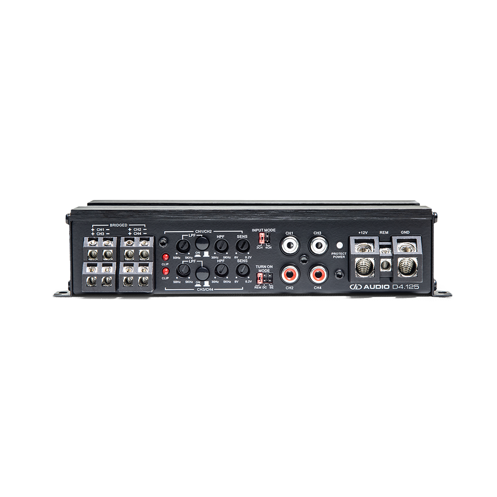D Series 4 Channel 800 Watt Amplifier - Photo Zoomed in on Connections and Controls