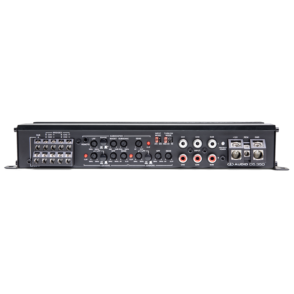 D Series 5 Channel 1750 Watt Amplifier - Photo Zoomed in on Connections and Controls