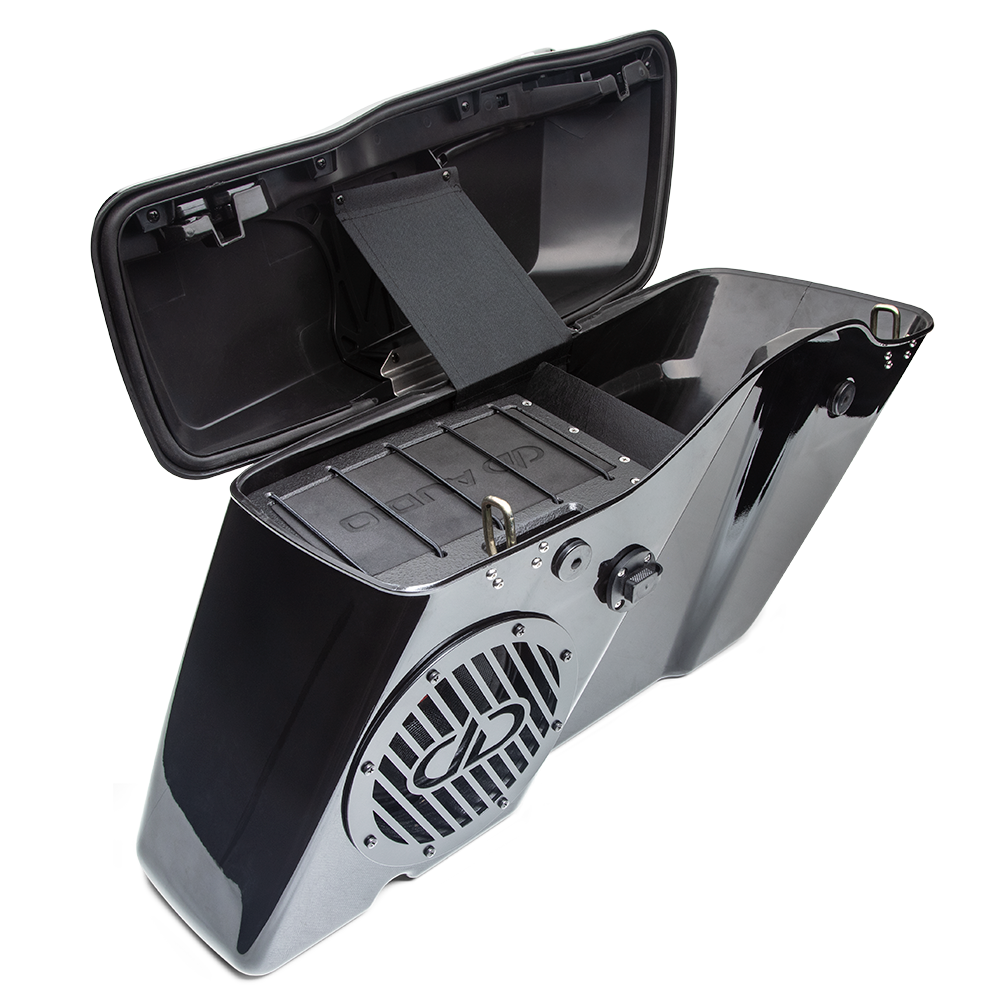 Harley 8" Saddle Bag Kit - Photo of the HD8-SBK Installed in Saddlebag with the Door Open