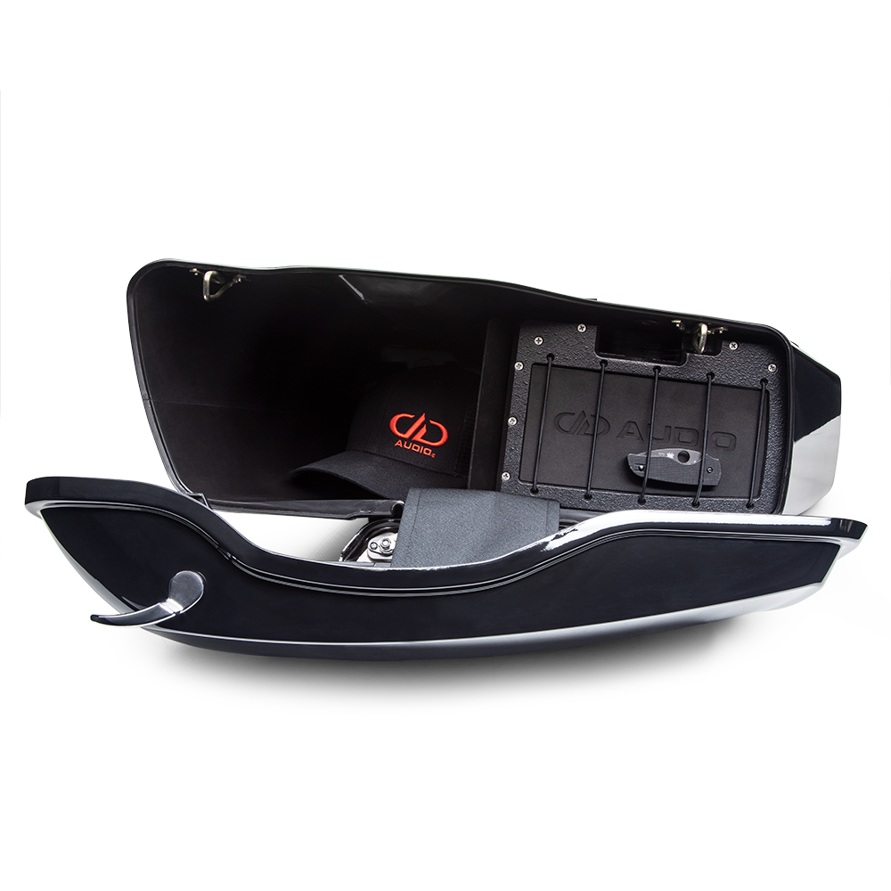 Harley 8&quot; Saddle Bag Kit - Photo of the HD8-SBK Installed in Saddlebag with the Door Open on its Side to Show Space