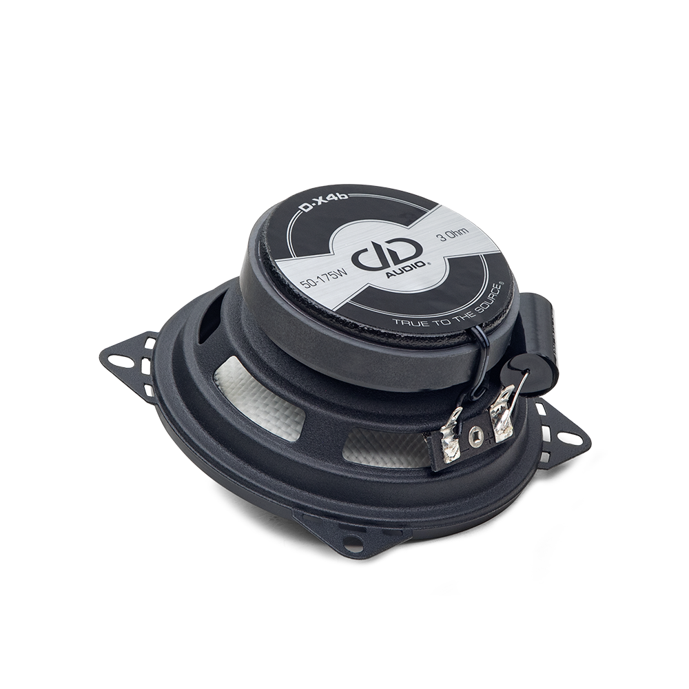 D-X Series Coaxial Speaker Pair - Photo angled down - top to bottom, showing connections, back of basket, crossover and motor